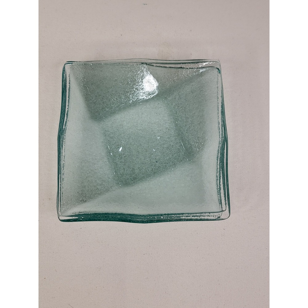 Set of 4 Fused Glass Square Appetizer Plates Textured Aqua Seafoam Green 4.5"